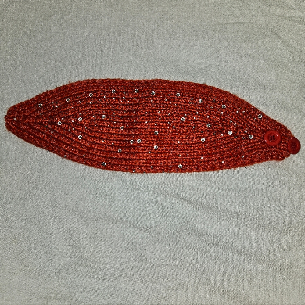 🛍Knit Headband Earwarmer w Button Closure [Orange] w Clear Jewels *NWOT*